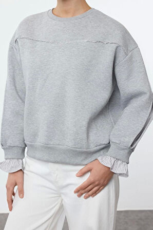 Relaxed Bisiklet Yaka Düşük Kol Dokuma Detaylı Rahat Kalıp Kalın İçi Polarlı Örme Sweatshirt