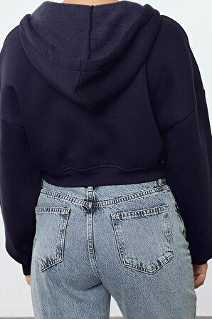 Relaxed Kapüşonlu Düşük Kol Crop Kalın İçi Polarlı V Yaka Rahat Kesim Crop Örme Sweatshirt