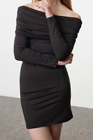 Moda Slim Carmen Yaka Mini Boy Soft Touch Yumuşak Kumaşlı Fitted Vücuda Oturan Esnek Örme Elbise