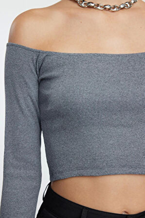 Stil Kadın Fitted Vücuda Oturan Fitilli Esnek Bluz Super Crop Örme Slim Kalıp Düşük Kol