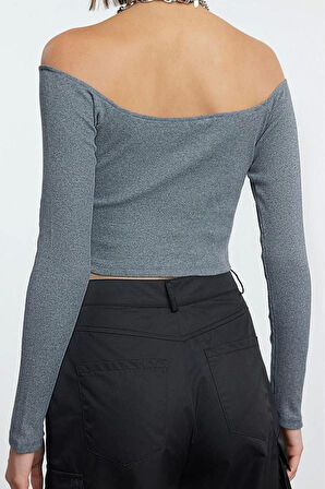 Stil Kadın Fitted Vücuda Oturan Fitilli Esnek Bluz Super Crop Örme Slim Kalıp Düşük Kol