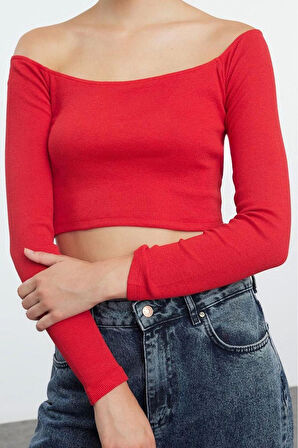 Stil Kadın Fitted Vücuda Oturan Fitilli Esnek Bluz Super Crop Örme Slim Kalıp Düşük Kol