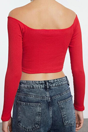 Stil Kadın Fitted Vücuda Oturan Fitilli Esnek Bluz Super Crop Örme Slim Kalıp Düşük Kol