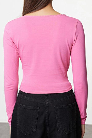 Stil Kadın Derin Yaka Dantel Detaylı Kol Pamuklu Esnek Bluz Crop Örme Slim Kalıp