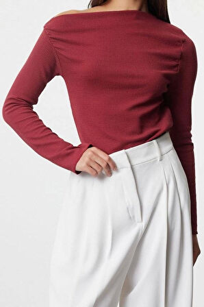 Moda Kayık Yaka Örme Slim Düz Desen Casual Günlük Uzun Uzun Kol Bluz