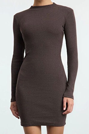 Moda Stil Slim Dik Yaka Mini Boy Vücuda Oturan Fitilli Esnek Örme Kalem Elbise
