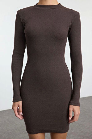 Moda Stil Slim Dik Yaka Mini Boy Vücuda Oturan Fitilli Esnek Örme Kalem Elbise