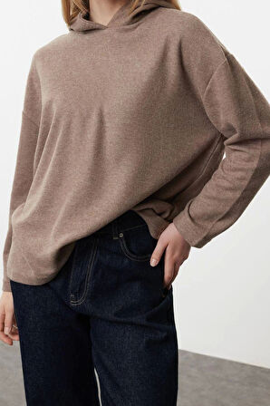 Tarz Bol Kapüşonlu Düşük Kol Uzun Selanik Geniş Kalıp Örme Sweatshirt