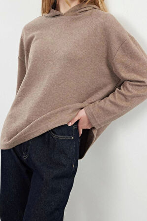 Tarz Bol Kapüşonlu Düşük Kol Uzun Selanik Geniş Kalıp Örme Sweatshirt