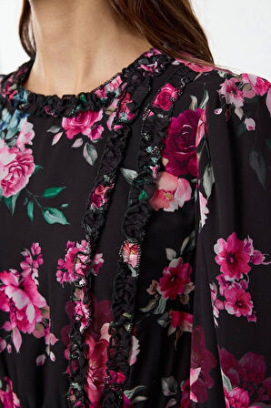 Moda Stil Regular Bisiklet Yaka Uzun Tesettür Çiçek Desenli Fırfırlı Dokuma Elbise