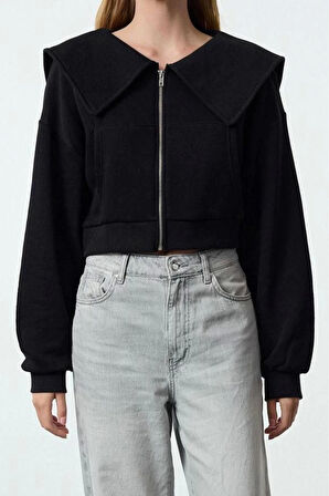 Tarz Crop Polo Yaka Düşük Kol Crop Normal Kalıp Fermuarlı Yaka Detaylı Örme Sweatshirt