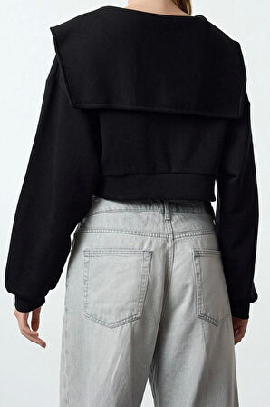 Tarz Crop Polo Yaka Düşük Kol Crop Normal Kalıp Fermuarlı Yaka Detaylı Örme Sweatshirt