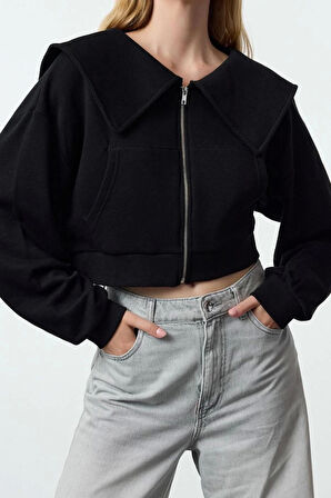 Tarz Crop Polo Yaka Düşük Kol Crop Normal Kalıp Fermuarlı Yaka Detaylı Örme Sweatshirt