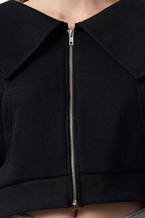 Tarz Crop Polo Yaka Düşük Kol Crop Normal Kalıp Fermuarlı Yaka Detaylı Örme Sweatshirt