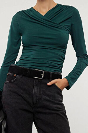 Stil Kadın Büzgü Drape Detaylı Fitted Vücuda Oturan Kollu Esnek Bluz Regular Örme Slim Kalıp