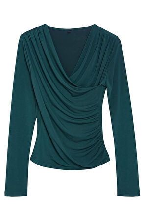 Stil Kadın Büzgü Drape Detaylı Fitted Vücuda Oturan Kollu Esnek Bluz Regular Örme Slim Kalıp