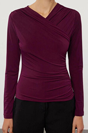 Stil Kadın Büzgü Drape Detaylı Fitted Vücuda Oturan Kollu Esnek Bluz Regular Örme Slim Kalıp