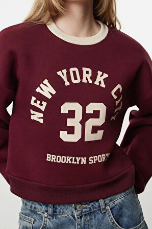 Oversize Bisiklet Yaka Düşük Kol Crop Slogan Geniş Kalıp Kalın İçi Polarlı Örme Sweatshirt