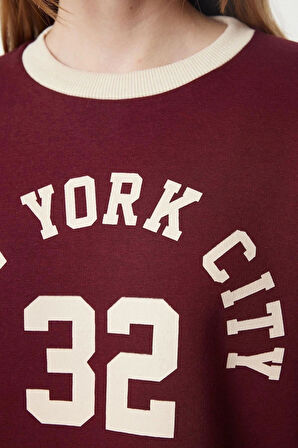 Oversize Bisiklet Yaka Düşük Kol Crop Slogan Geniş Kalıp Kalın İçi Polarlı Örme Sweatshirt