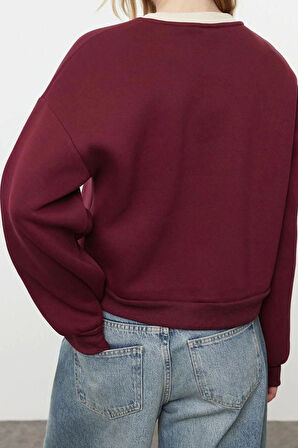 Oversize Bisiklet Yaka Düşük Kol Crop Slogan Geniş Kalıp Kalın İçi Polarlı Örme Sweatshirt