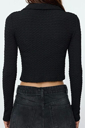 Stil Kadın Dokulu Kumaş Fitted Vücuda Oturan Bluz Crop Örme Slim Kalıp