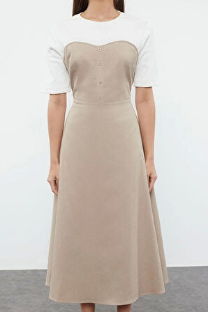 Moda Stil Regular Bisiklet Yaka Midi Boy Düz Dokuma Elbise