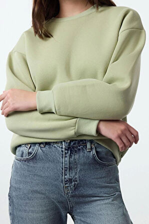 Regular Bisiklet Yaka Düşük Kol Regular Kalın İçi Polarlı Normal Kalıp Basic Örme Sweatshirt