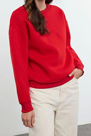 Regular Bisiklet Yaka Düşük Kol Regular Kalın İçi Polarlı Normal Kalıp Basic Örme Sweatshirt