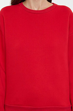 Regular Bisiklet Yaka Düşük Kol Regular Kalın İçi Polarlı Normal Kalıp Basic Örme Sweatshirt