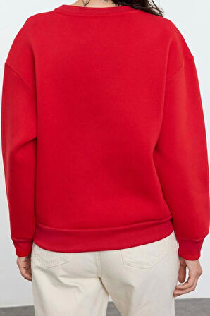 Regular Bisiklet Yaka Düşük Kol Regular Kalın İçi Polarlı Normal Kalıp Basic Örme Sweatshirt