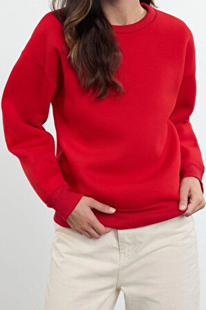 Regular Bisiklet Yaka Düşük Kol Regular Kalın İçi Polarlı Normal Kalıp Basic Örme Sweatshirt