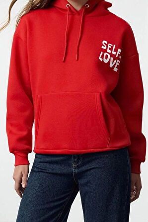 Oversize Kapüşonlu Düşük Kol Uzun Sırt Baskı Geniş Kalıp Kalın İçi Polarlı Örme Sweatshirt