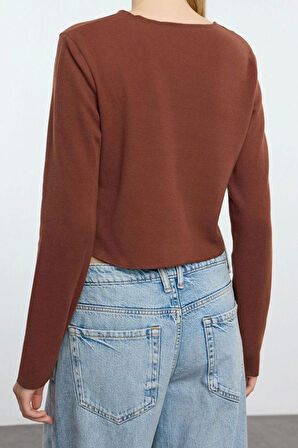 Stil Kadın Düşük Omuzlu Selanik Triko Görünümlü Bluz Crop Örme Regular Kalıp