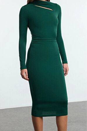 Moda Stil Slim Dik Yaka Midi Boy Cut Out Detaylı Fitted Vücuda Oturan Esnek Örme Elbise