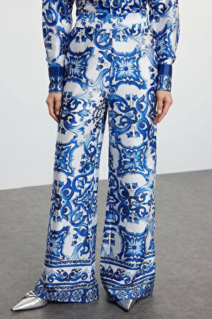 Tarz Kadın Modern Moda Normal Bel Boru Paça V Yaka Desenli Saten Dokuma Alt-Üst Takım