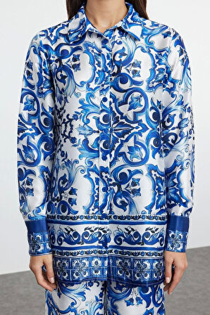 Tarz Kadın Modern Moda Normal Bel Boru Paça V Yaka Desenli Saten Dokuma Alt-Üst Takım