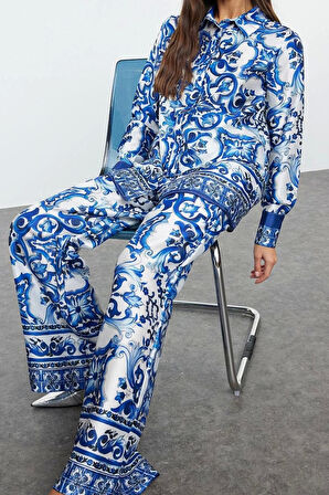 Tarz Kadın Modern Moda Normal Bel Boru Paça V Yaka Desenli Saten Dokuma Alt-Üst Takım