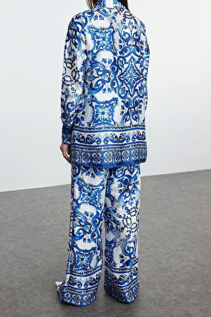 Tarz Kadın Modern Moda Normal Bel Boru Paça V Yaka Desenli Saten Dokuma Alt-Üst Takım