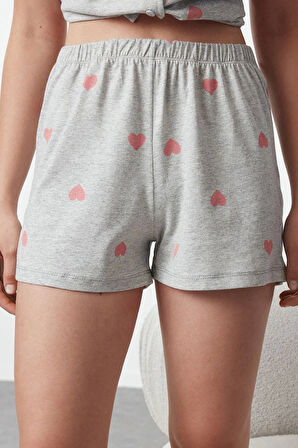 Tarz Rahat Kısa Kollu Boru Paça %100 Pamuklu Kalp Desenli Örme Pijama Takımı