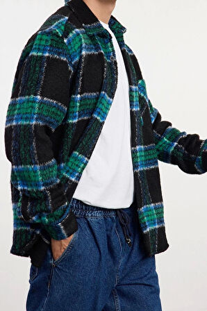 Şık Ekose Kareli Desen Gömlek Yaka Unisex Oversize Fit Kışlık Kareli Oduncu Gömlek Ceket