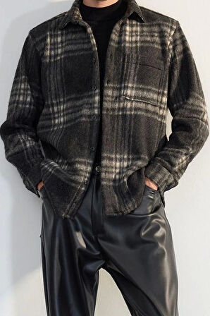 Şık Ekose Kareli Desen Gömlek Yaka Oversize Fit Kışlık Kareli Oduncu Gömlek Ceket