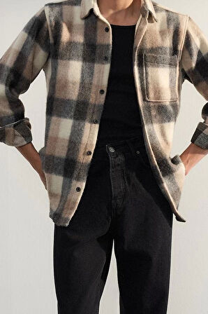Şık Ekose Kareli Desen Gömlek Yaka Unisex Regular Fit Kışlık Kareli Oduncu Gömlek Ceket