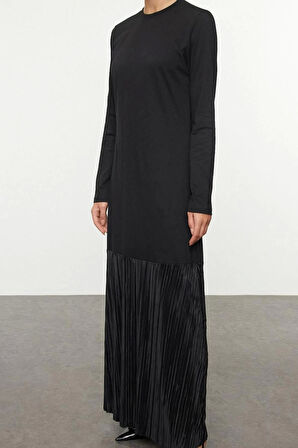 Moda Stil Loose Bisiklet Yaka Uzun Tesettür Örme Eteği Pilise Detaylı Elbise