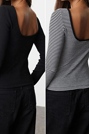 Stil Kadın Fitted Vücuda Oturan Sırt Dekolteli Fitilli Esnek Bluz Regular Örme Slim Kalıp