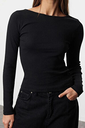 Stil Kadın Fitted Vücuda Oturan Sırt Dekolteli Fitilli Esnek Bluz Regular Örme Slim Kalıp