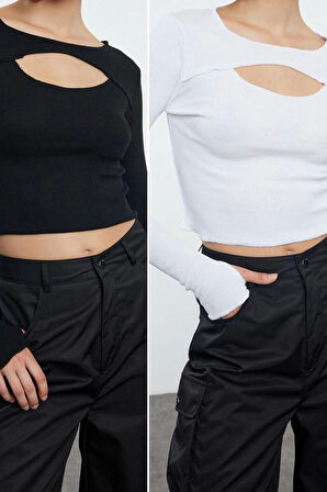 Stil Kadın 2li Cut Out Detaylı Fitted Vücuda Oturan Fitilli Esnek Bluz Crop Örme Slim Kalıp