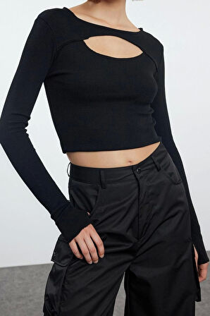 Stil Kadın 2li Cut Out Detaylı Fitted Vücuda Oturan Fitilli Esnek Bluz Crop Örme Slim Kalıp