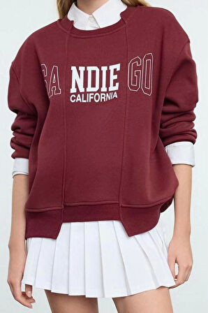 Relaxed Bisiklet Yaka Düşük Kol Uzun Slogan Baskılı Geniş Kalıp Etek Ucu Örme Sweatshirt