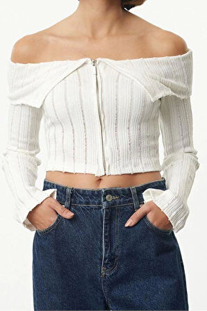 Stil Kadın Fermuar Detaylı Kısa Normal Kalıp Bluz Crop Örme Regular Kalıp Reglan Kol