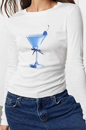 Stil Kadın Baskı ve Fiyonk Detaylı Fitted Vücuda Oturan Bluz Regular Örme Slim Kalıp